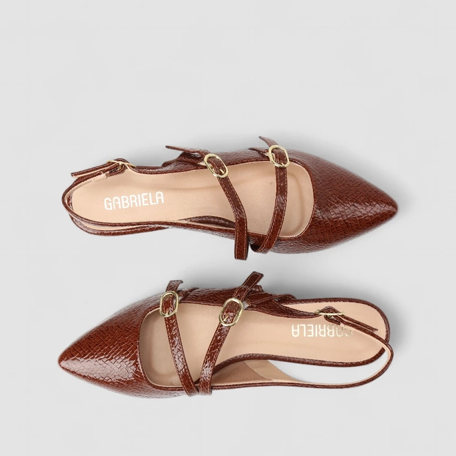 Sapatilha Boneca Slingback Feminina Gabriela Tiras Slim Fivelas Textura Cobra Marrom