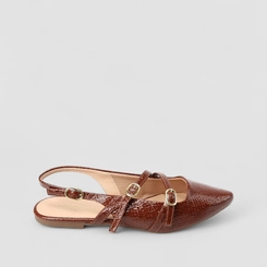 Sapatilha Boneca Slingback Feminina Gabriela Tiras Slim Fivelas Textura Cobra Marrom