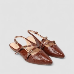 Sapatilha Boneca Slingback Feminina Gabriela Tiras Slim Fivelas Textura Cobra Marrom