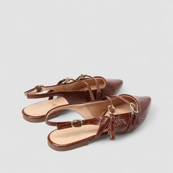 Sapatilha Boneca Slingback Feminina Gabriela Tiras Slim Fivelas Textura Cobra Marrom
