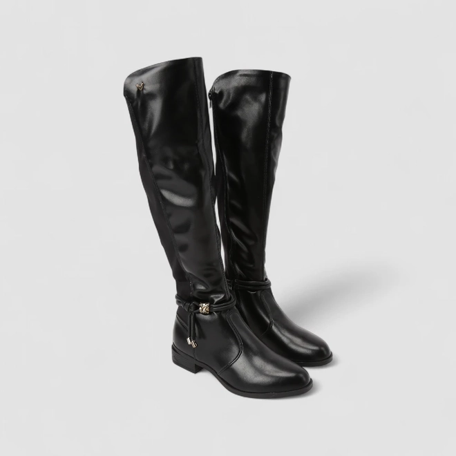 Bota Feminina Mississipi Cano Alto Detalhe Metalizado Tiras & Nó Preta