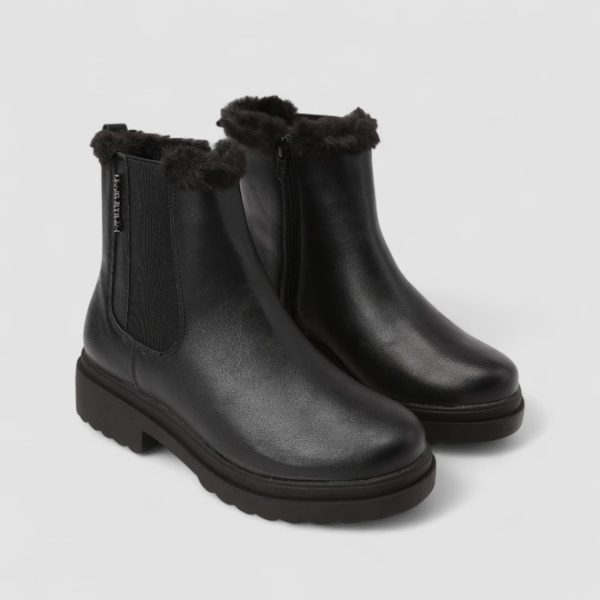 Bota Chelsea Feminina Via Marte Cano Médio Com Pelúcia & Zíper Preto