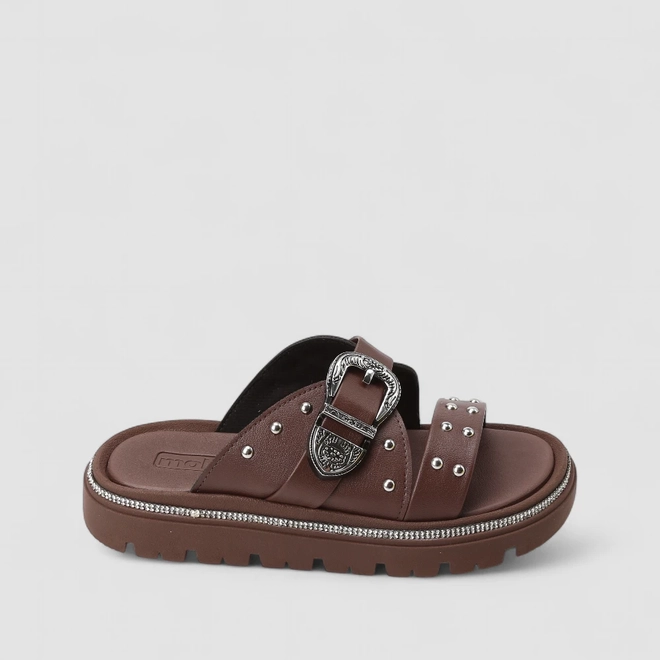 Tamanco Feminino Moleca Fivela Detalhe Tachas & Strass Marrom
