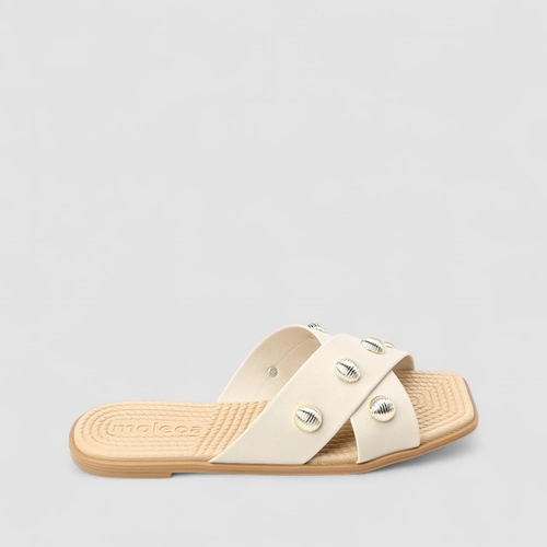 Tamanco Rasteiro Feminino Moleca Tiras Cruzadas Tachas Off White