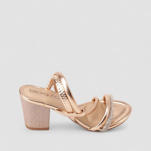 Sandália Feminina Beira Rio Salto Bloco Glitter Strass Ouro Rosé