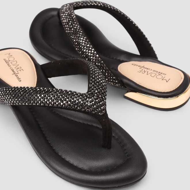 Rasteira Feminina Modare Ultraconforto Strass Metalizado Preto