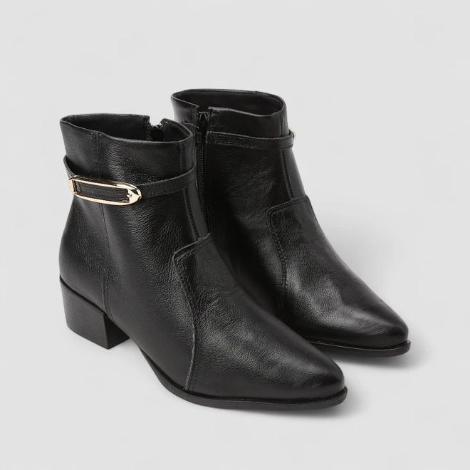 Ankle Boot Feminina Bebecê Em Couro Fivela Preto