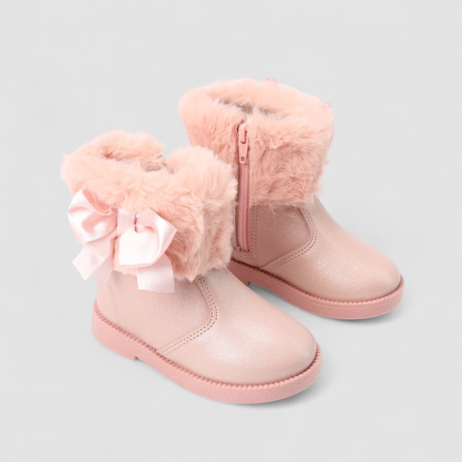 Bota Bebê Molekinha Detalhe Laço Pelúcia & Glitter Rosa