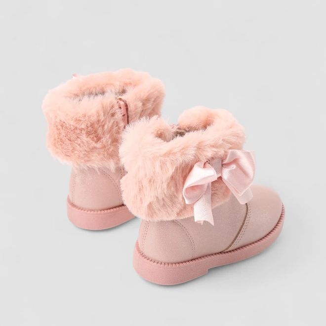 Bota Bebê Molekinha Detalhe Laço Pelúcia & Glitter Rosa