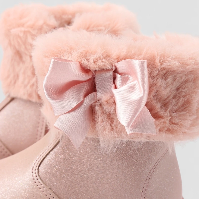 Bota Bebê Molekinha Detalhe Laço Pelúcia & Glitter Rosa