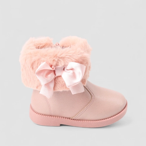 Bota Bebê Molekinha Detalhe Laço Pelúcia & Glitter Rosa