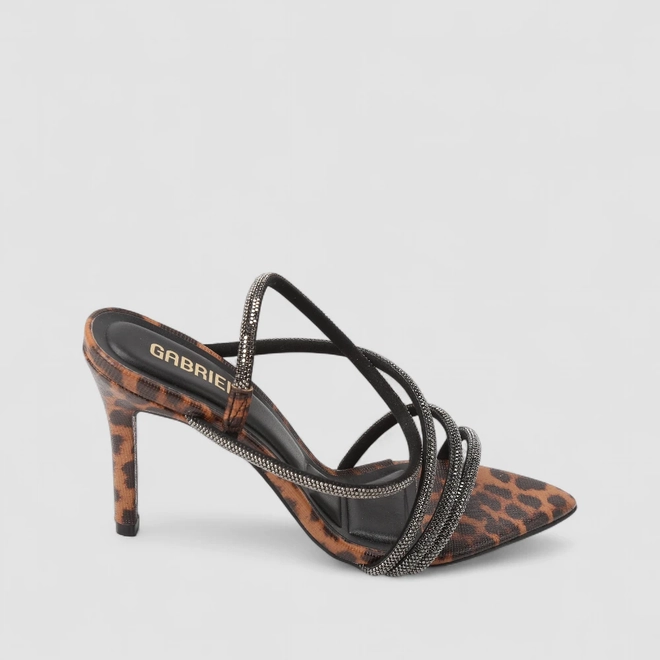 Sandália Feminina Gabriela Multitiras Strass Animal Print Onça Multicolor