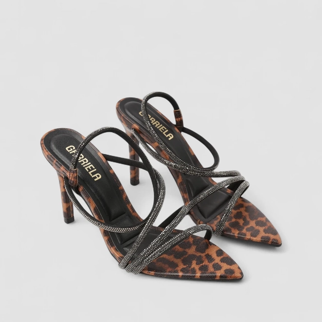 Sandália Feminina Gabriela Multitiras Strass Animal Print Onça Multicolor