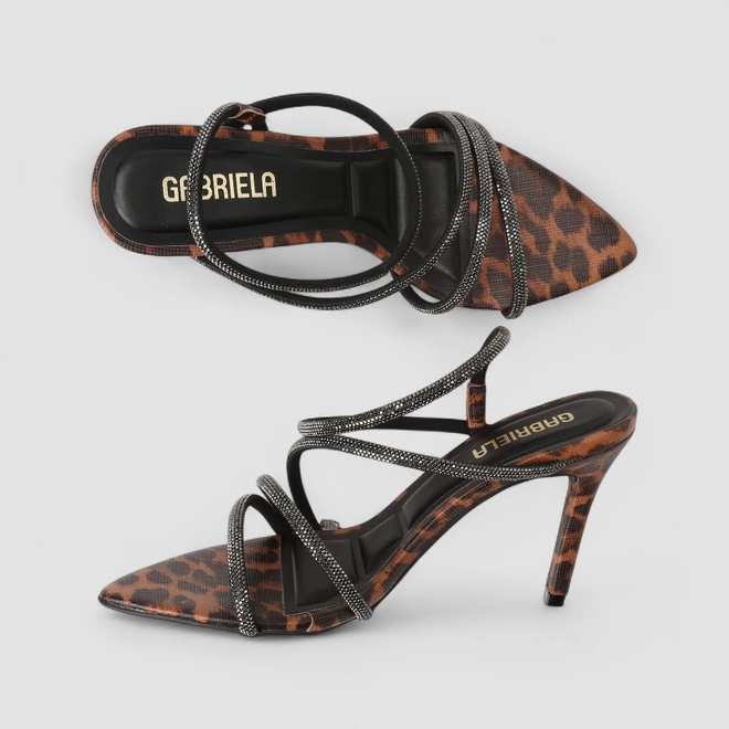 Sandália Feminina Gabriela Multitiras Strass Animal Print Onça Multicolor