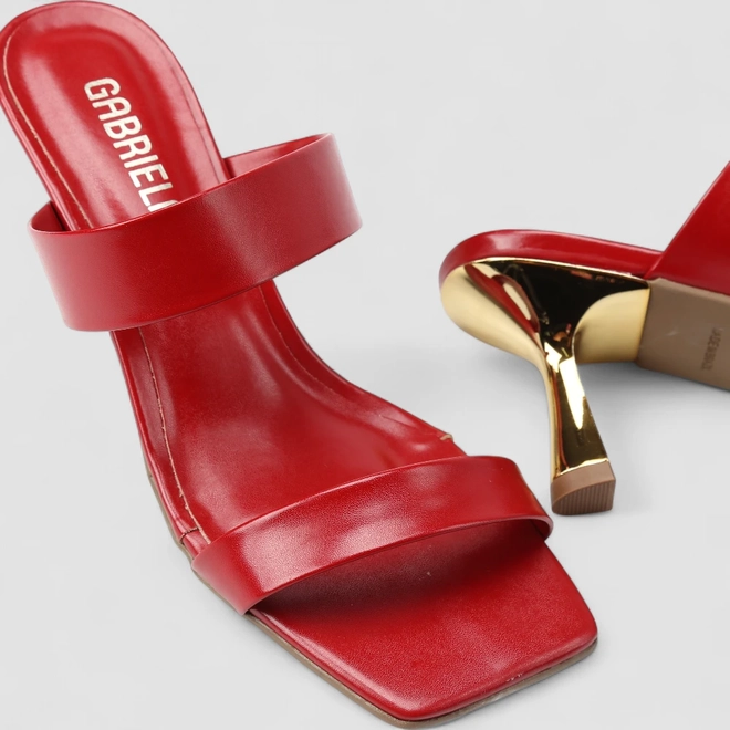 Tamanco Feminino Gabriela Salto Estilizado Dourado Vermelho