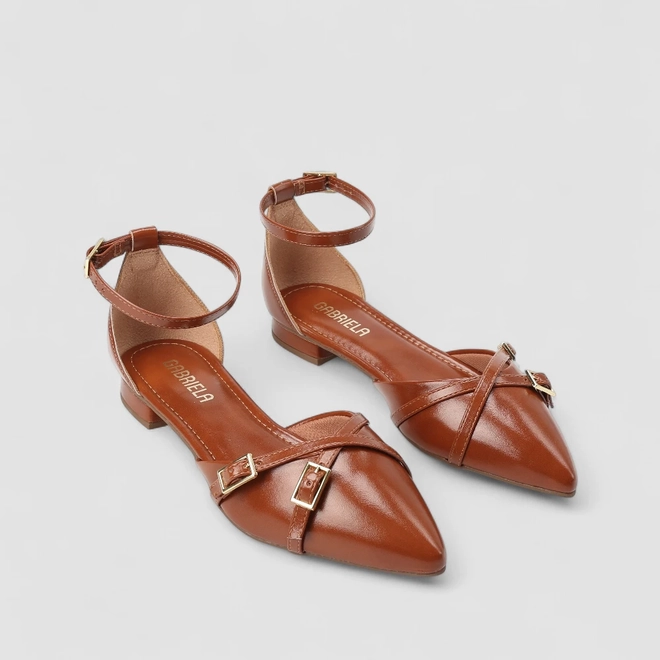 Sapatilha Slingback Feminino Gabriela Tiras Cruzadas Fivela Caramelo