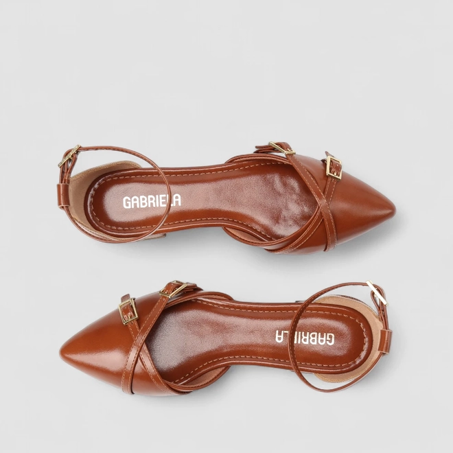 Sapatilha Slingback Feminino Gabriela Tiras Cruzadas Fivela Caramelo