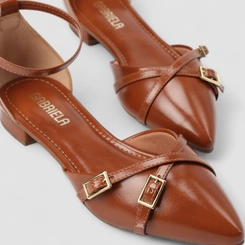 Sapatilha Slingback Feminino Gabriela Tiras Cruzadas Fivela Caramelo