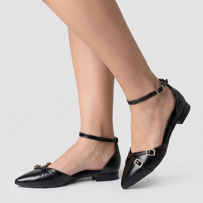 Sapatilha Slingback Feminino Gabriela Tiras Cruzadas Fivela Preto