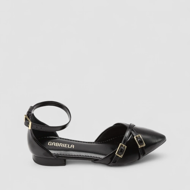 Sapatilha Slingback Feminino Gabriela Tiras Cruzadas Fivela Preto