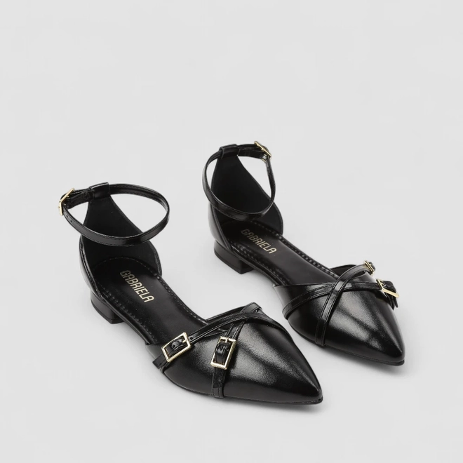 Sapatilha Slingback Feminino Gabriela Tiras Cruzadas Fivela Preto