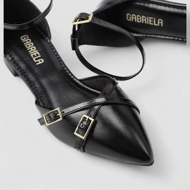 Sapatilha Slingback Feminino Gabriela Tiras Cruzadas Fivela Preto