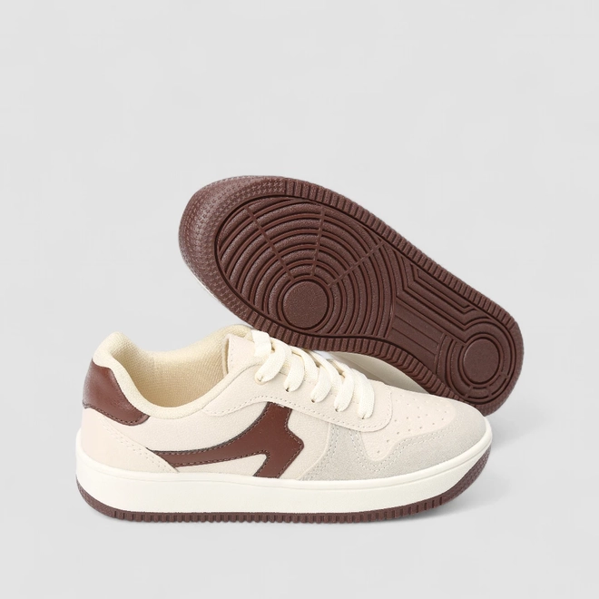 Tênis Casual Feminino Penélope Recorte Camurça Off White