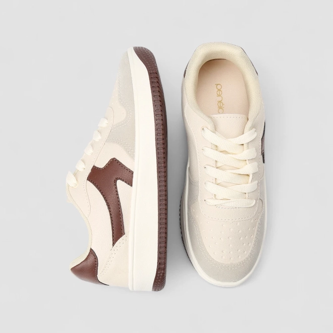 Tênis Casual Feminino Penélope Recorte Camurça Off White