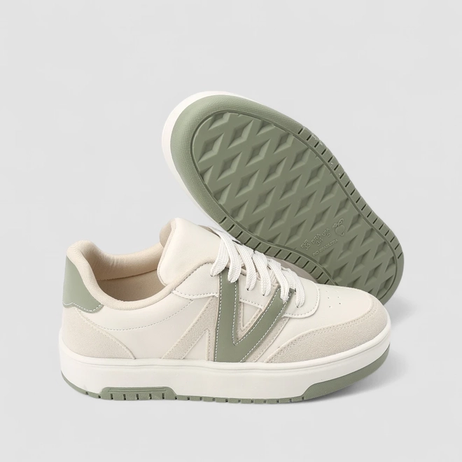 Tênis Casual Feminino Gabriela Recortes Camurça Off-White & Verde
