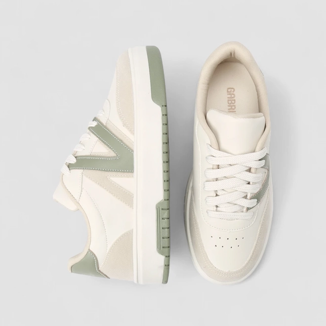 Tênis Casual Feminino Gabriela Recortes Camurça Off-White & Verde