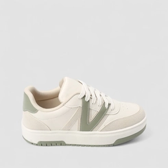 Tênis Casual Feminino Gabriela Recortes Camurça Off-White & Verde
