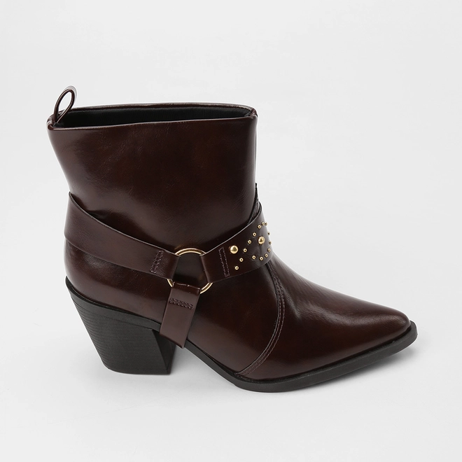 Ankle Boot Feminina Gabriela Salto Bloco Fivela Detalhe Rebite Marrom