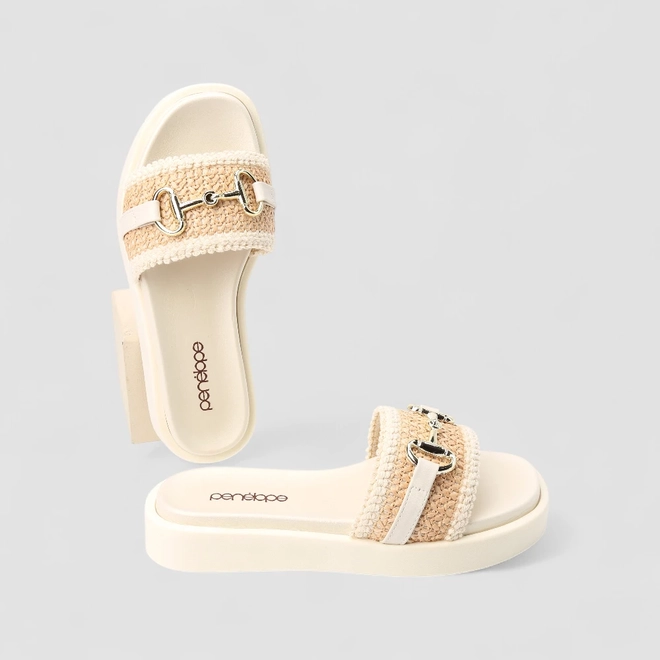 Tamanco Feminino Penélope Ráfia Enfeite Metálico Off White