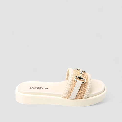 Tamanco Feminino Penélope Ráfia Enfeite Metálico Off White