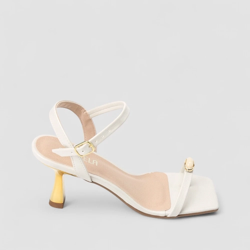 Sandália Feminina Gabriela Salto Flare Dourado Detalhe Bold Off White
