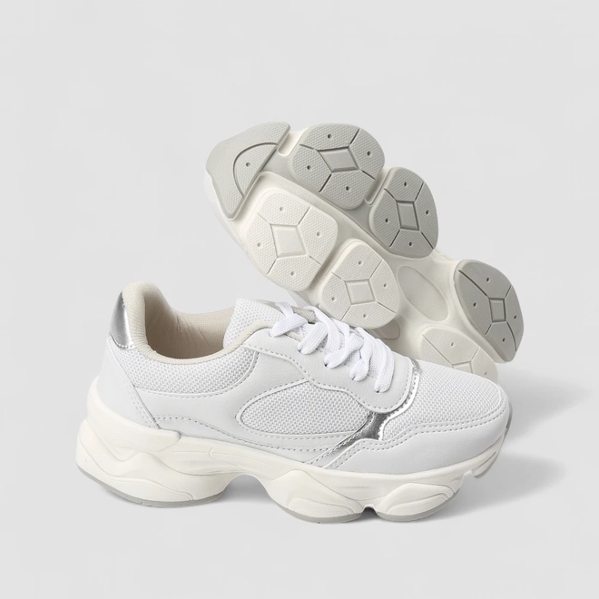 Tênis Casual Feminino Gabriela Recortes Metalizado Branco