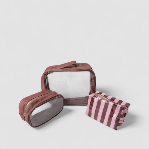 Kit Necessaire Gabriela Transparente Marrom & Rosa