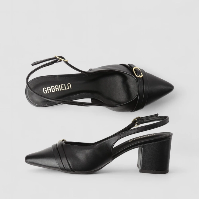 Scarpin Slingback Feminino Gabriela Enfeite Fivela Preto