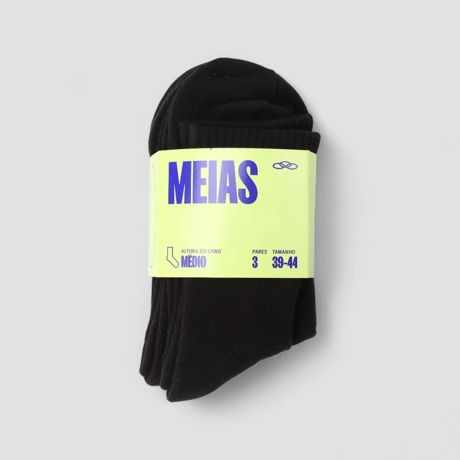 Meia Olympikus Kit 3 Pares Cano Médio Preta 39-44