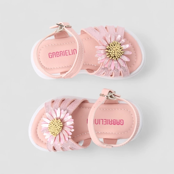 Sandália Bebê Gabrielinha Metalizada Glitter Detalhe Flor Rosa