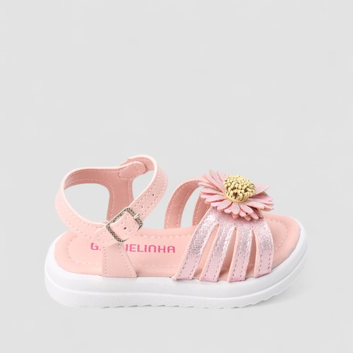 Sandália Bebê Gabrielinha Metalizada Glitter Detalhe Flor Rosa