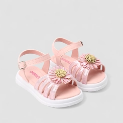Sandália Bebê Gabrielinha Metalizada Glitter Detalhe Flor Rosa