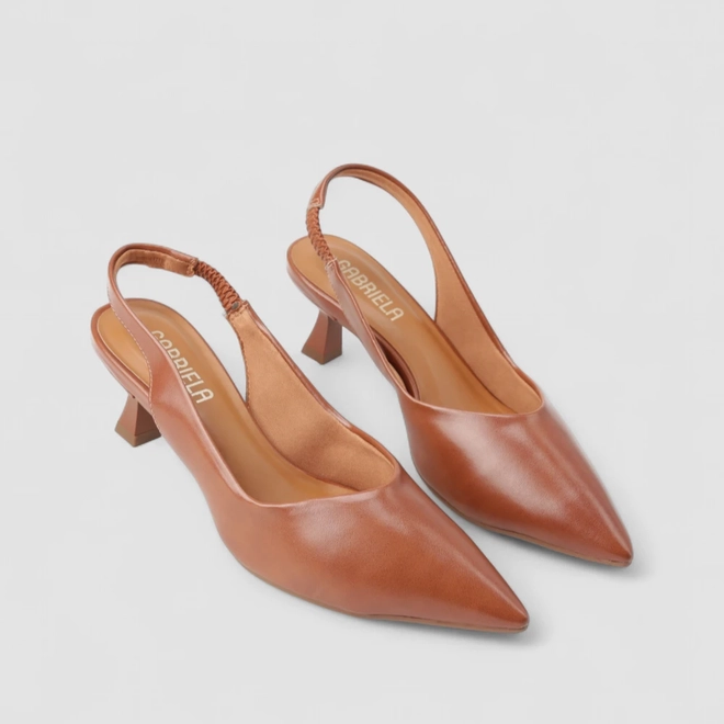 Slingback Feminino Gabriela Salto Taça Bico Fino Caramelo