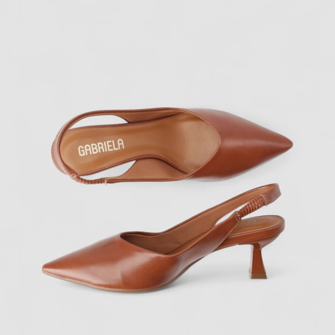 Slingback Feminino Gabriela Salto Taça Bico Fino Caramelo