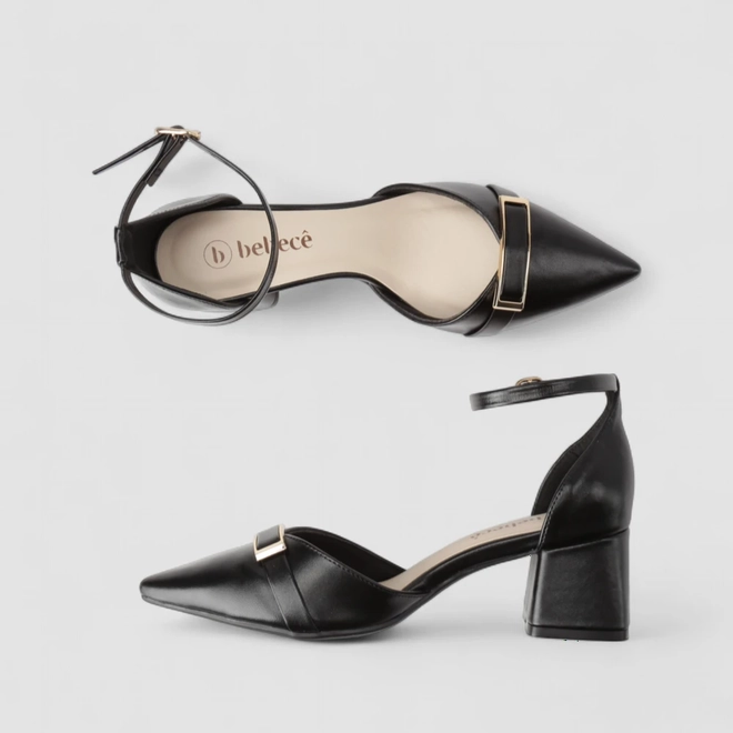 Sandália Feminina Bebecê Salto Bloco Detalhe Dourado Preto