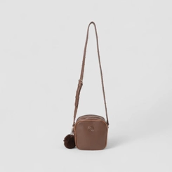 Bolsa Camera Bag Penélope Pequena Transversal Detalhe Pompom Marrom