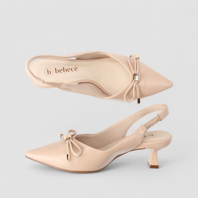 Scarpin Slingback Feminino Bebecê Salto Flat Detalhe Laço Texturizado Nude