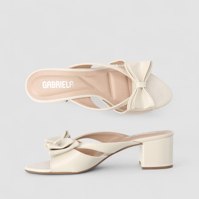 Tamanco Feminino Gabriela Salto Bloco Detalhe Laço Off White