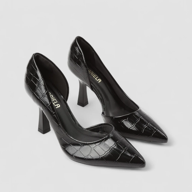 Scarpin Feminino Gabriela Textura Croco Verniz Preto