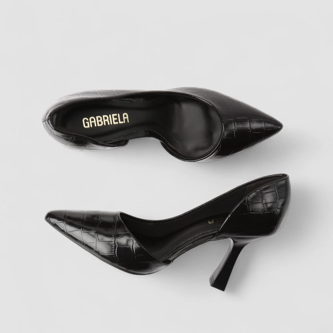 Scarpin Feminino Gabriela Textura Croco Verniz Preto